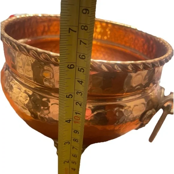 Hammered Copper Planter Ornate Brass Feet Handle Decorative Bowl Cauldron India - Picture 10 of 13
